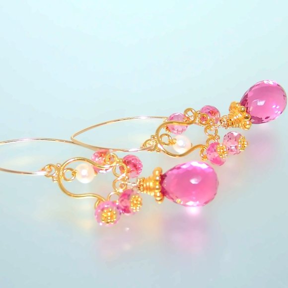 Gold Pink Topaz Pink Quartz Earrings Gemstone Briolette Chandelier Earrings - Picture 6 of 6